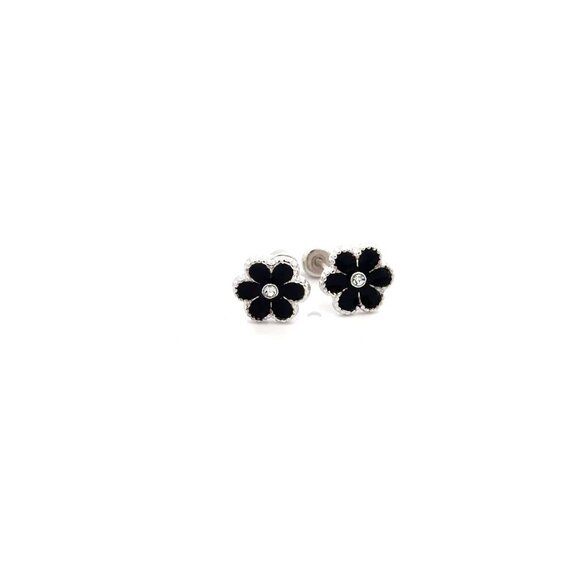 925 Sterling Silver Stud Flower Black Enamel Earrings Small Screw Back - Picture 1 of 5